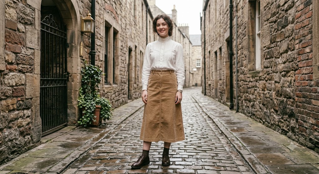 Pintuck Cotton Blouse and Corduroy Skirt
